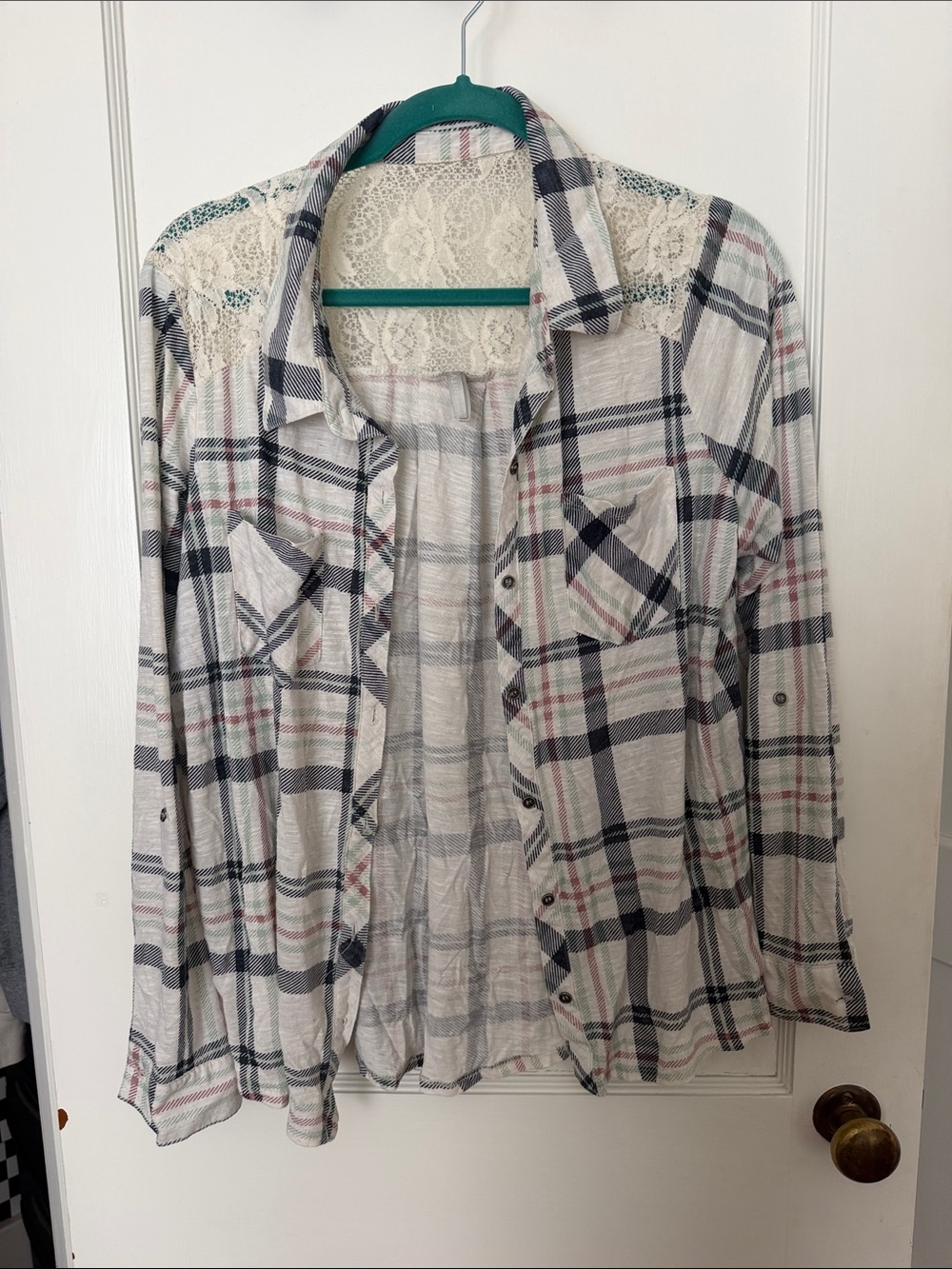 Vanity Cream Plaid Lace Yoke Top with Navy and Pink Stripes